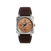 Bell & Ross BR-03 Automatic 41mm Men's Watch, reference BR03A-GB-ST/SCA, shown front on with its iconic square case and "circle in a square with four screws" design. The gilt copper dial features embossed numerals and indices filled with semi-matt black varnish.