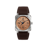 Bell & Ross BR-03 Automatic 41mm Men's Watch, reference BR03A-GB-ST/SCA, shown front on with its iconic square case and "circle in a square with four screws" design. The gilt copper dial features embossed numerals and indices filled with semi-matt black varnish.