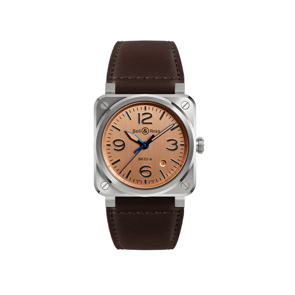 Bell & Ross BR-03 Automatic 41mm Men's Watch, reference BR03A-GB-ST/SCA, shown front on with its iconic square case and "circle in a square with four screws" design. The gilt copper dial features embossed numerals and indices filled with semi-matt black varnish.