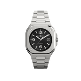 Bell & Ross BR-05 Automatic 40mm Men's Watch, reference BR05A-BL-ST/SST, shown front on with its square stainless steel case. The black sun-ray dial features Arabic numeral and index hour markers with a date window at 3 o'clock.