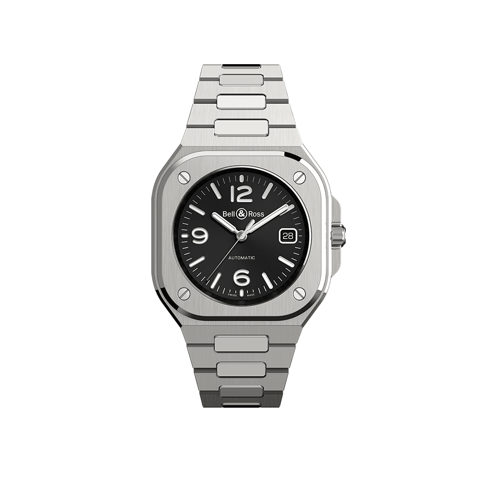 Bell & Ross BR-05 Automatic 40mm Men's Watch, reference BR05A-BL-ST/SST, shown front on with its square stainless steel case. The black sun-ray dial features Arabic numeral and index hour markers with a date window at 3 o'clock.