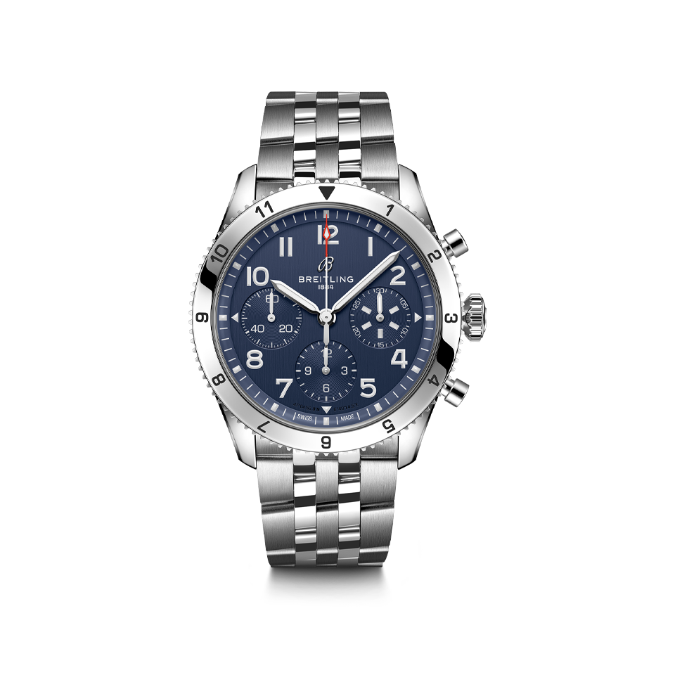 Breitling Classic AVI Chronograph 42 Tribute to Vought F4U Corsair Steel Bracelet Watch A233801A1C1A1 Hardy Brothers Jewellers