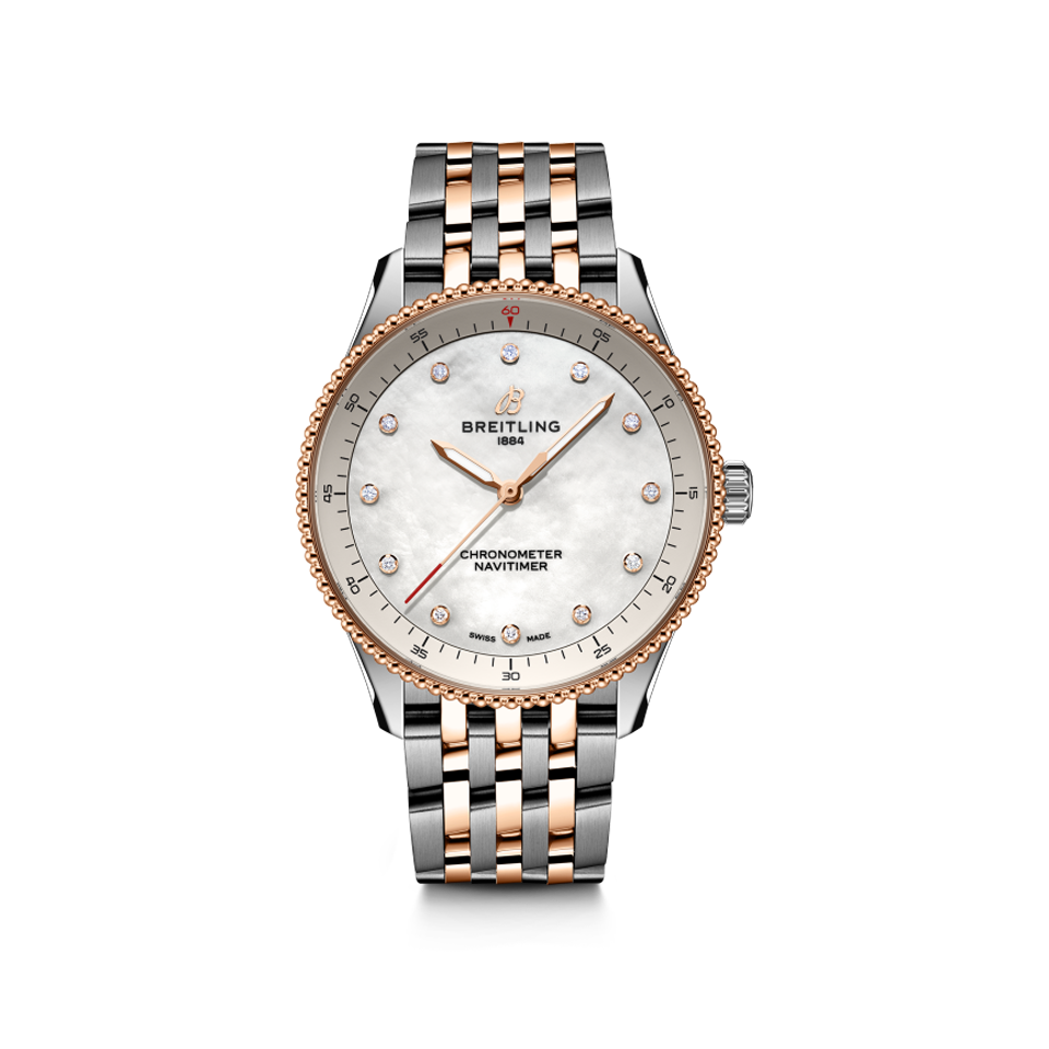 Breitling Navitimer Automatic 32 Mother Of Pearl Dial with Diamonds Stainless Steel and 18ct Gold U77320E61A1U1 Hardy Brothers Jewellers