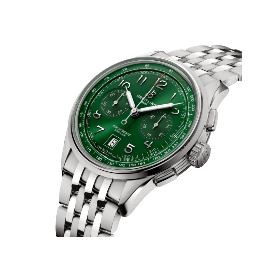 Watch Breitling Premier B01 Chronograph 42 Green Dial Stainless Steel Bracelet Hardy Brothers Jewellers