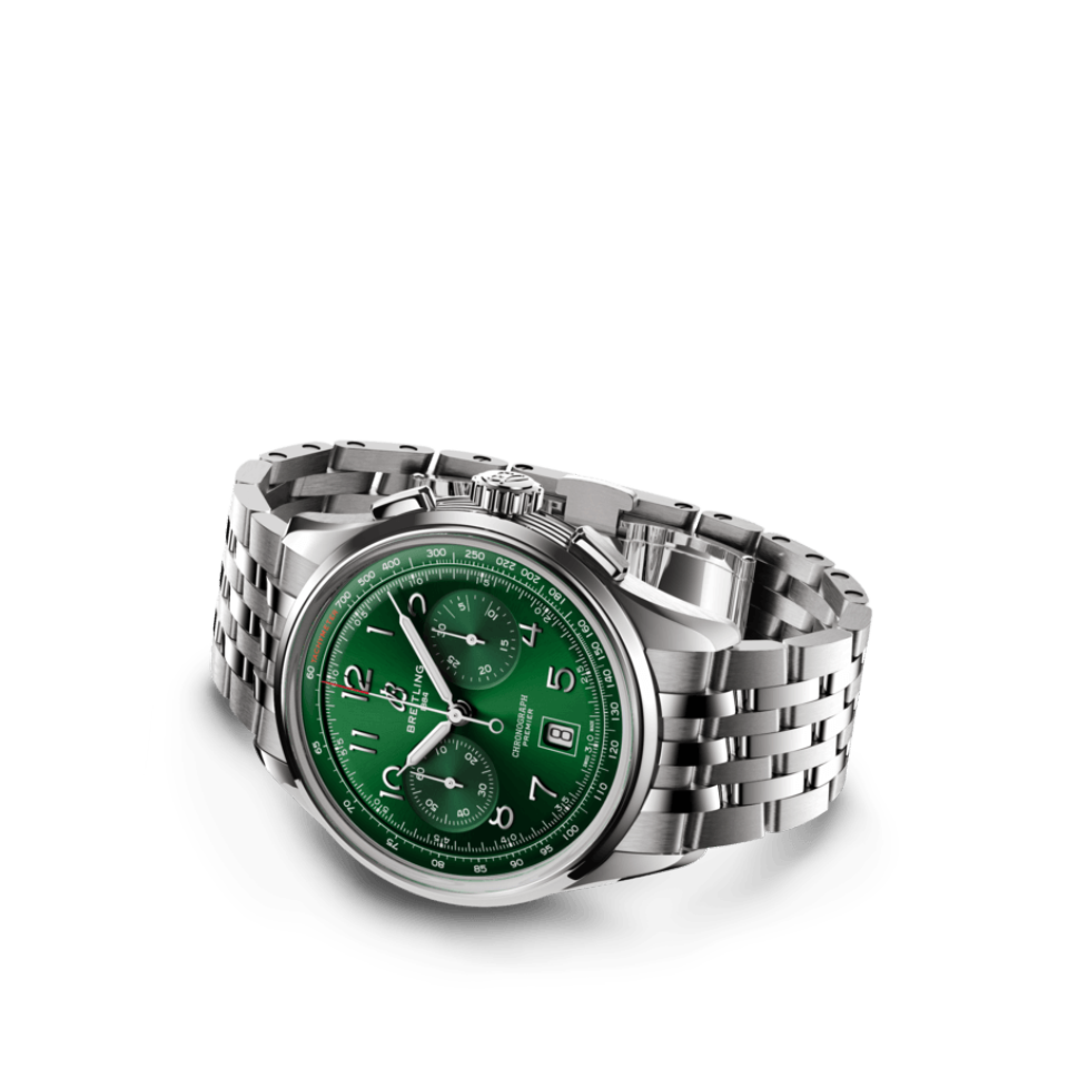 Watch Breitling Premier B01 Chronograph 42 Green Dial Stainless Steel Bracelet Hardy Brothers Jewellers