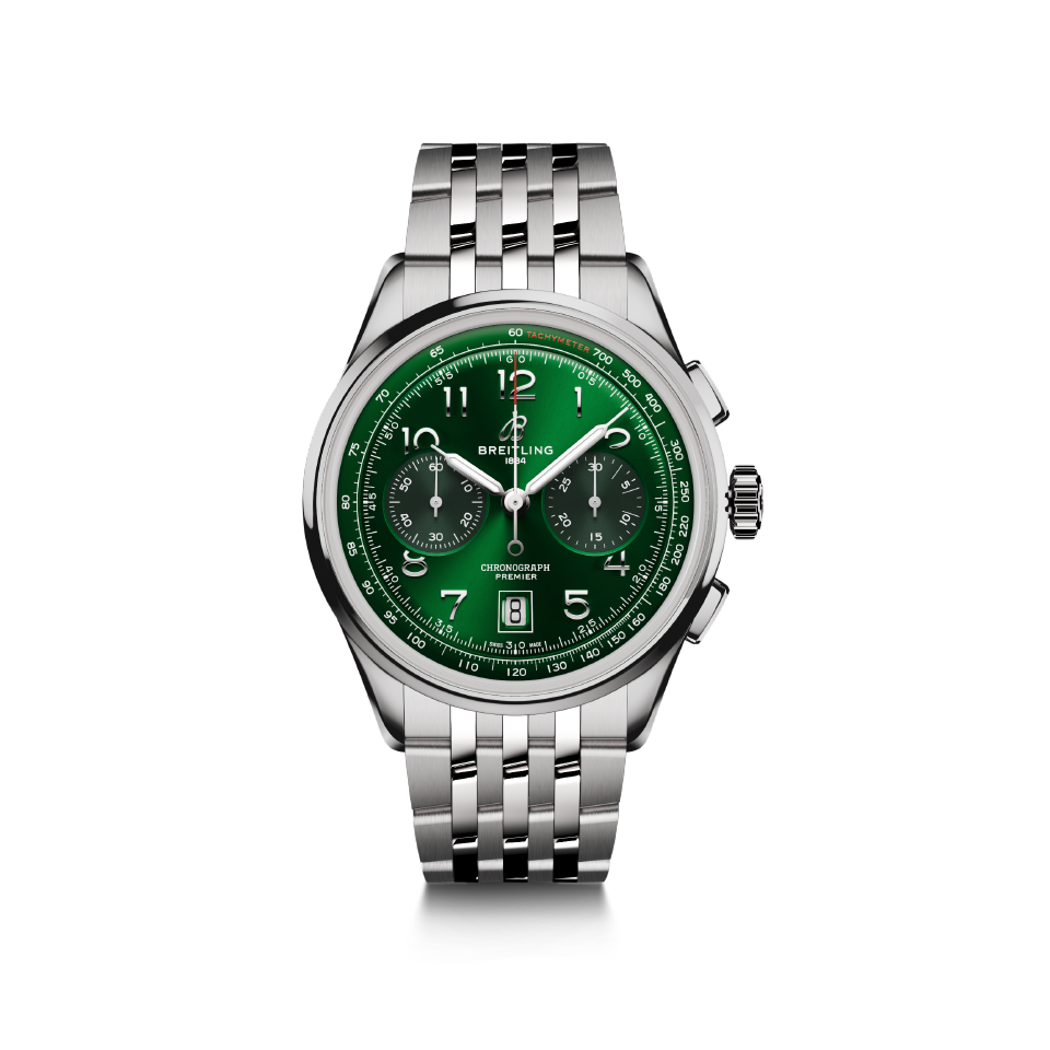Watch Breitling Premier B01 Chronograph 42 Green Dial Stainless Steel Bracelet Hardy Brothers Jewellers