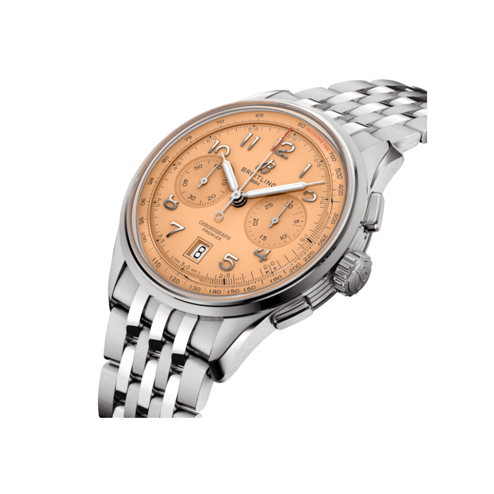 Watch Breitling Premier B01 Chronograph 42 Salmon Dial Stainless Steel Bracelet Hardy Brothers Jewellers