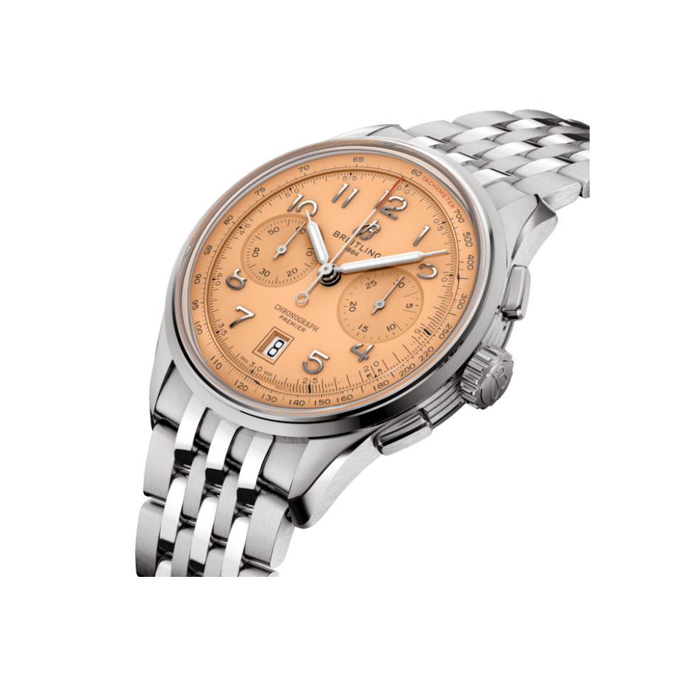 Watch Breitling Premier B01 Chronograph 42 Salmon Dial Stainless Steel Bracelet Hardy Brothers Jewellers