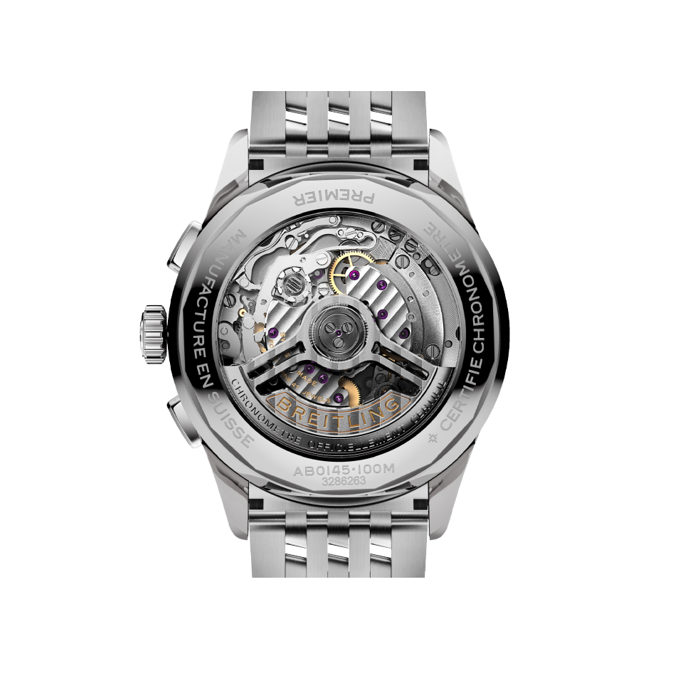 Watch Breitling Premier B01 Chronograph 42 Salmon Dial Stainless Steel Bracelet Hardy Brothers Jewellers