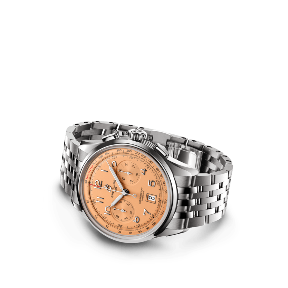 Watch Breitling Premier B01 Chronograph 42 Salmon Dial Stainless Steel Bracelet Hardy Brothers Jewellers