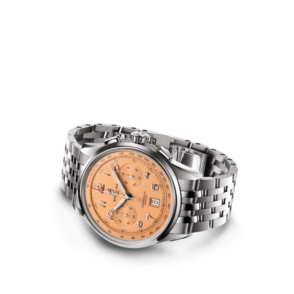 Watch Breitling Premier B01 Chronograph 42 Salmon Dial Stainless Steel Bracelet Hardy Brothers Jewellers