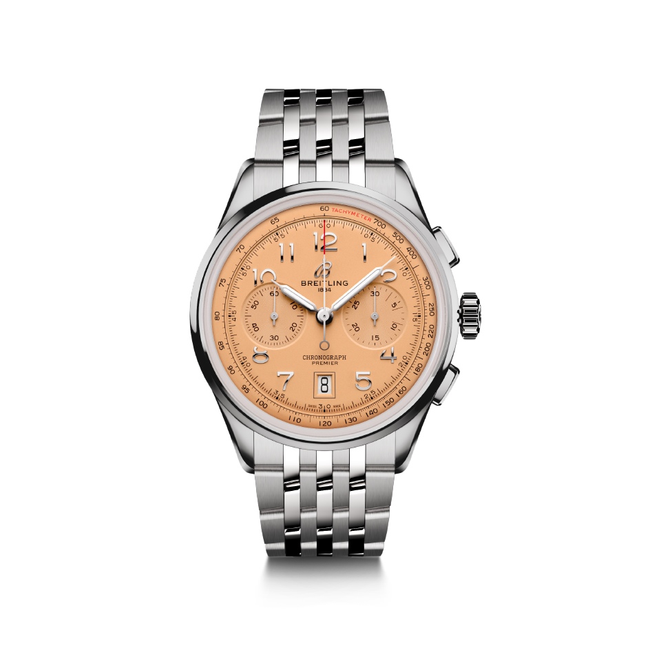 Watch Breitling Premier B01 Chronograph 42 Salmon Dial Stainless Steel Bracelet Hardy Brothers Jewellers