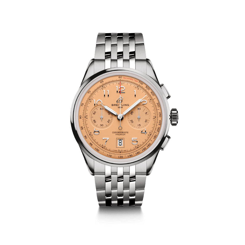 Watch Breitling Premier B01 Chronograph 42 Salmon Dial Stainless Steel Bracelet Hardy Brothers Jewellers