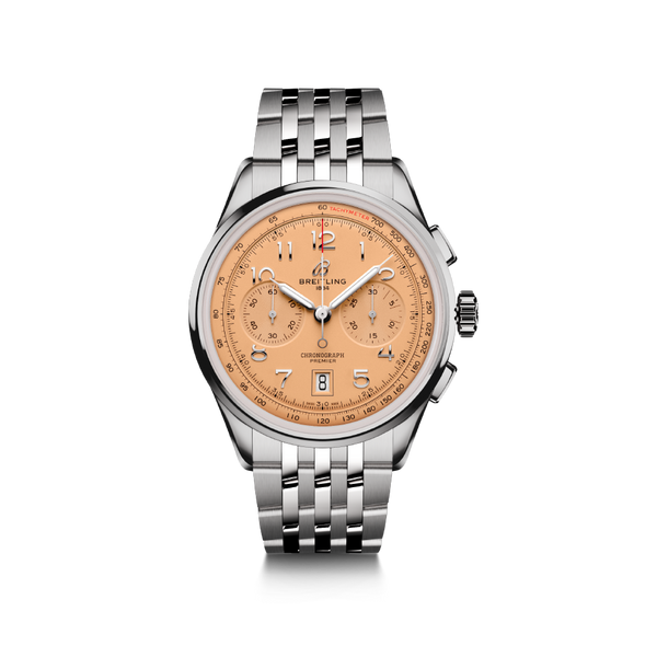 Watch Breitling Premier B01 Chronograph 42 Salmon Dial Stainless Steel Bracelet Hardy Brothers Jewellers