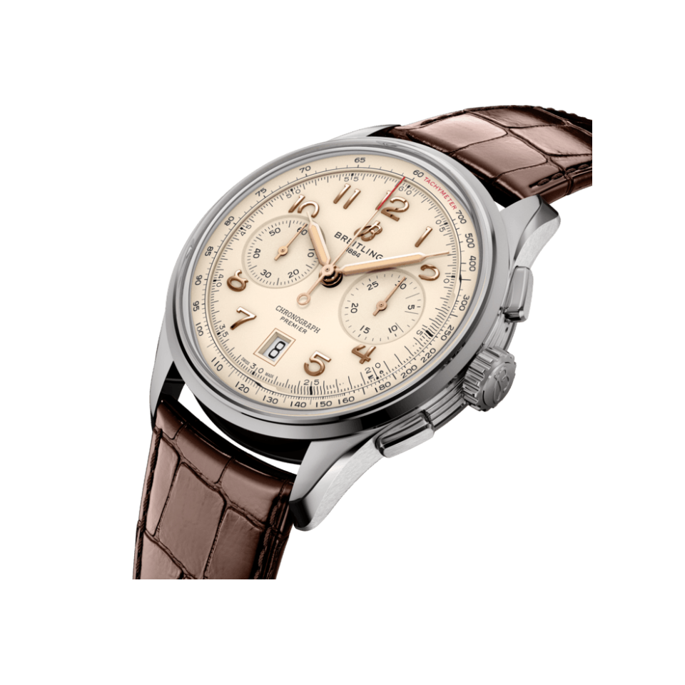 Watch Breitling Premier B01 Chronograph 42 Silver Dial Stainless Steel Alligator Strap Hardy Brothers Jewellers