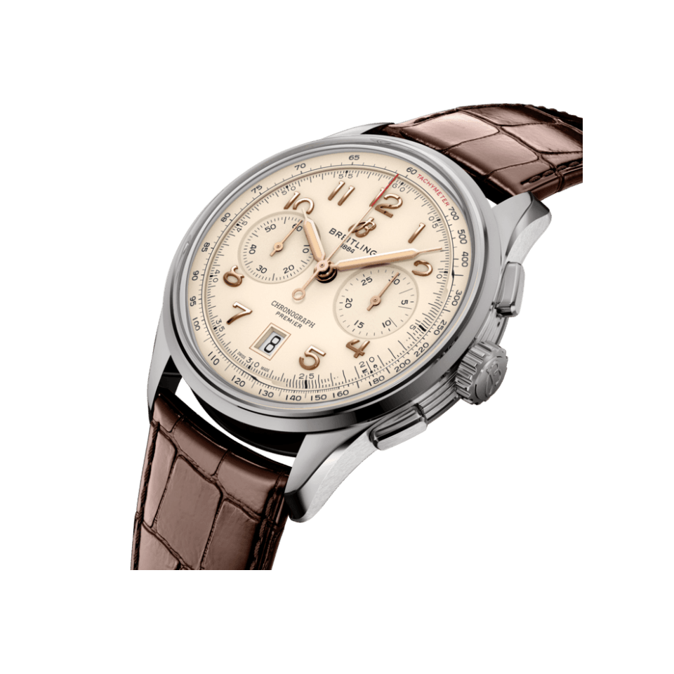Watch Breitling Premier B01 Chronograph 42 Silver Dial Stainless Steel Alligator Strap Hardy Brothers Jewellers