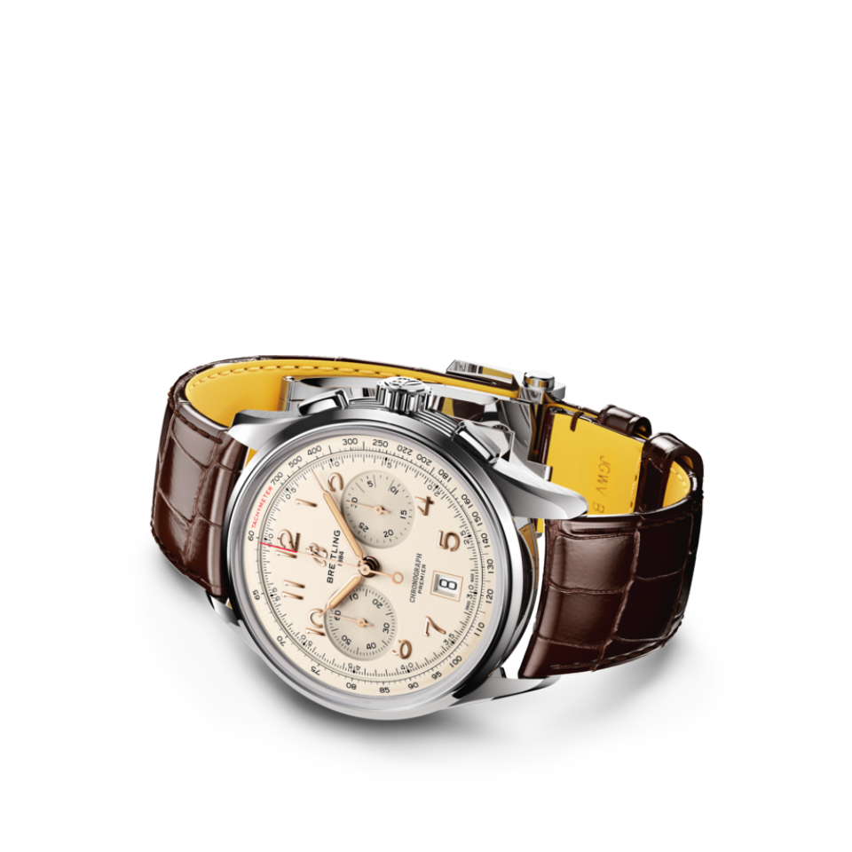 Watch Breitling Premier B01 Chronograph 42 Silver Dial Stainless Steel Alligator Strap Hardy Brothers Jewellers