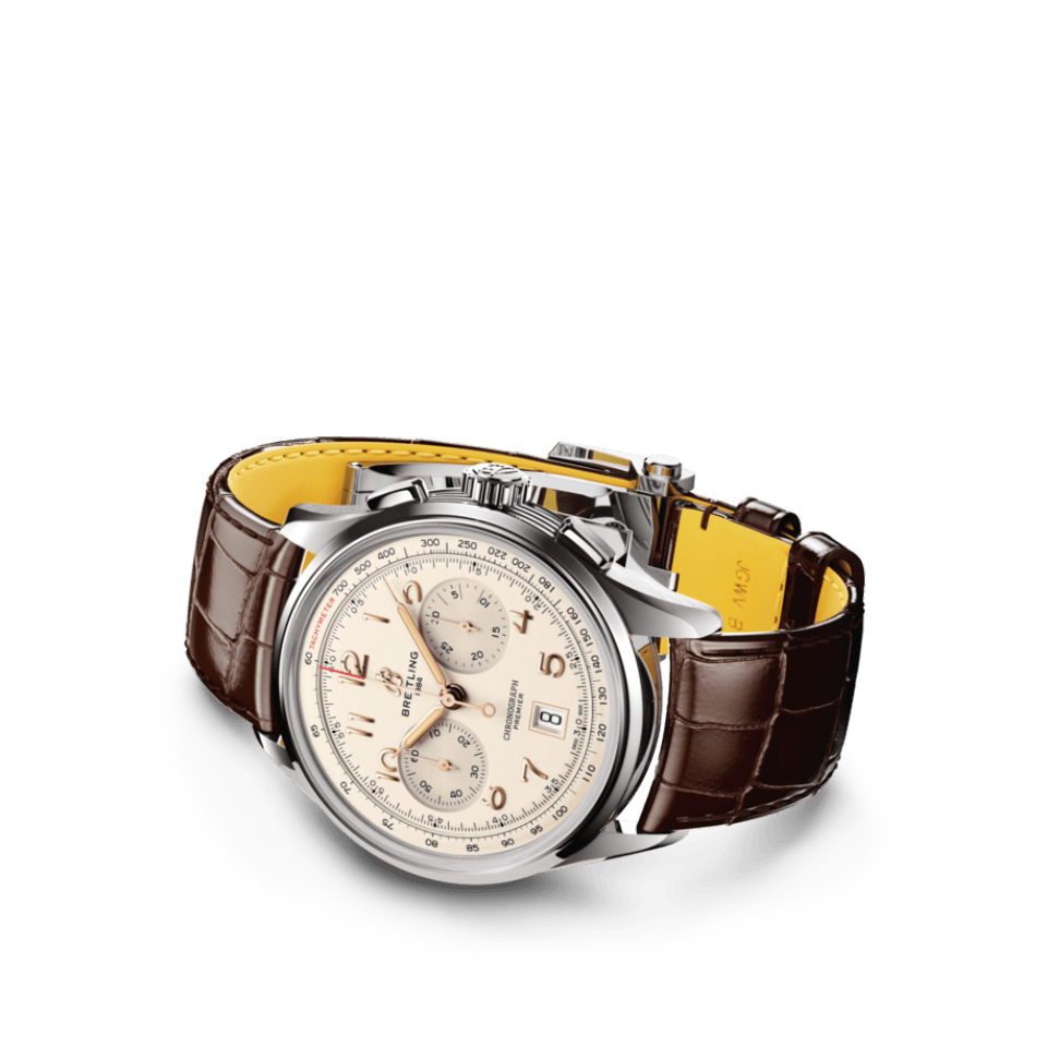 Watch Breitling Premier B01 Chronograph 42 Silver Dial Stainless Steel Alligator Strap Hardy Brothers Jewellers