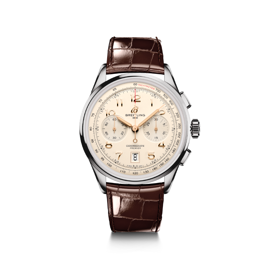 Watch Breitling Premier B01 Chronograph 42 Silver Dial Stainless Steel Alligator Strap Hardy Brothers Jewellers
