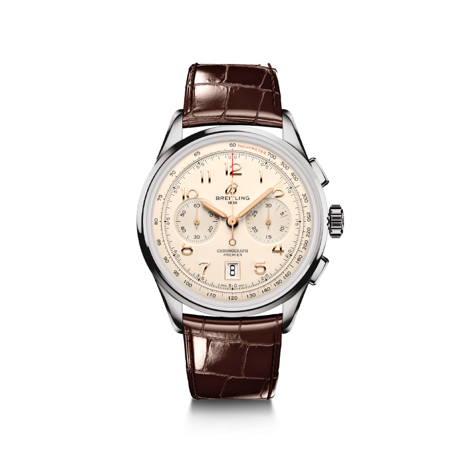 Watch Breitling Premier B01 Chronograph 42 Silver Dial Stainless Steel Alligator Strap Hardy Brothers Jewellers