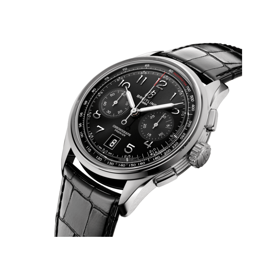 Watch Breitling Premier B01 Chronograph 42 Black Dial Stainless Steel Alligator Strap Hardy Brothers Jewellers