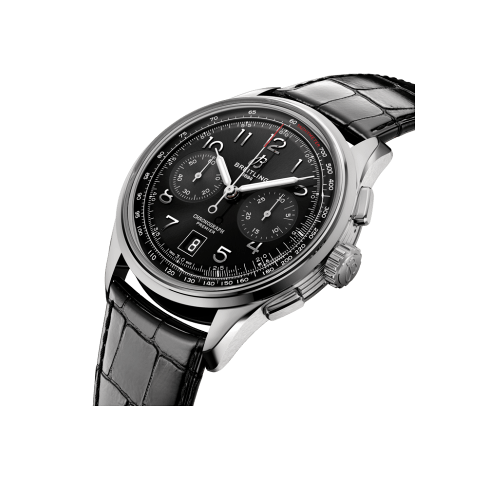Watch Breitling Premier B01 Chronograph 42 Black Dial Stainless Steel Alligator Strap Hardy Brothers Jewellers