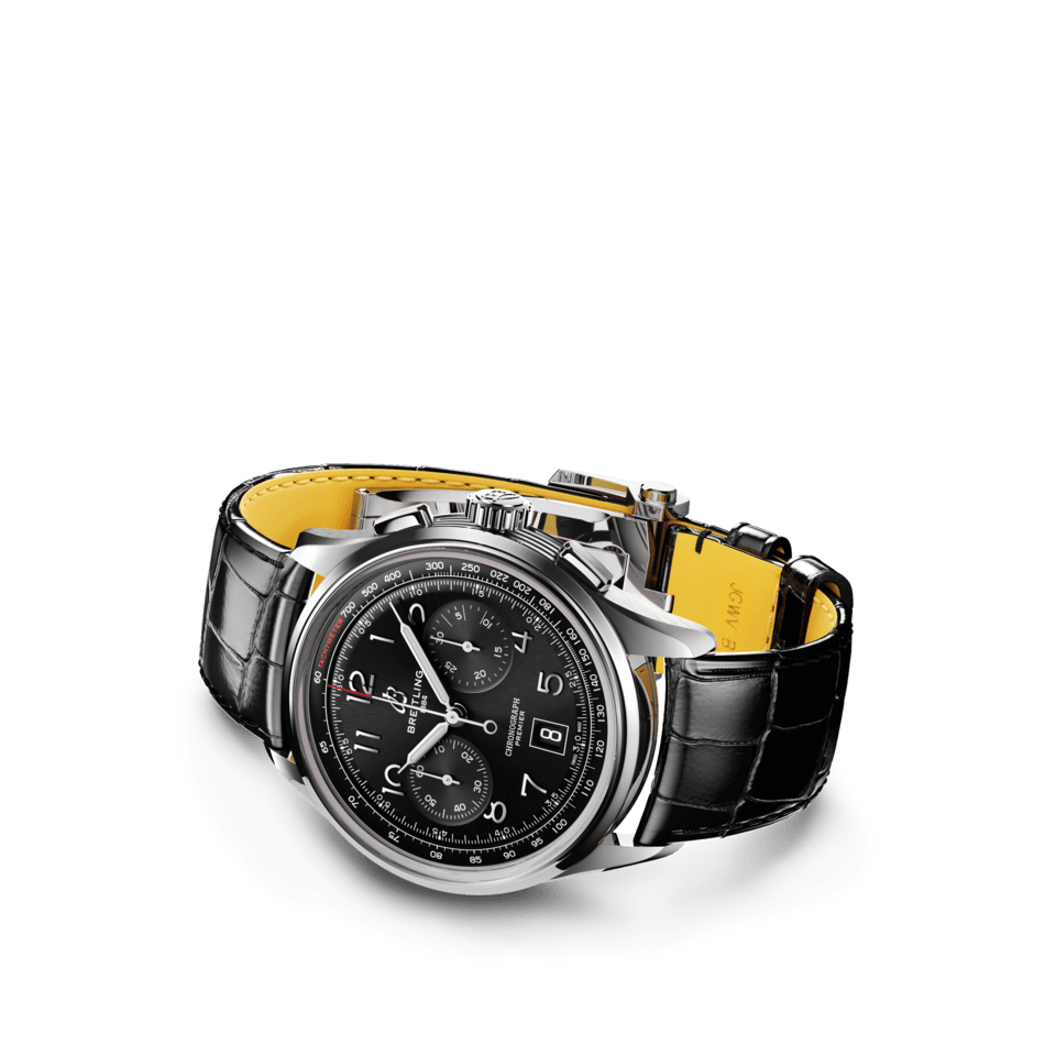 Watch Breitling Premier B01 Chronograph 42 Black Dial Stainless Steel Alligator Strap Hardy Brothers Jewellers