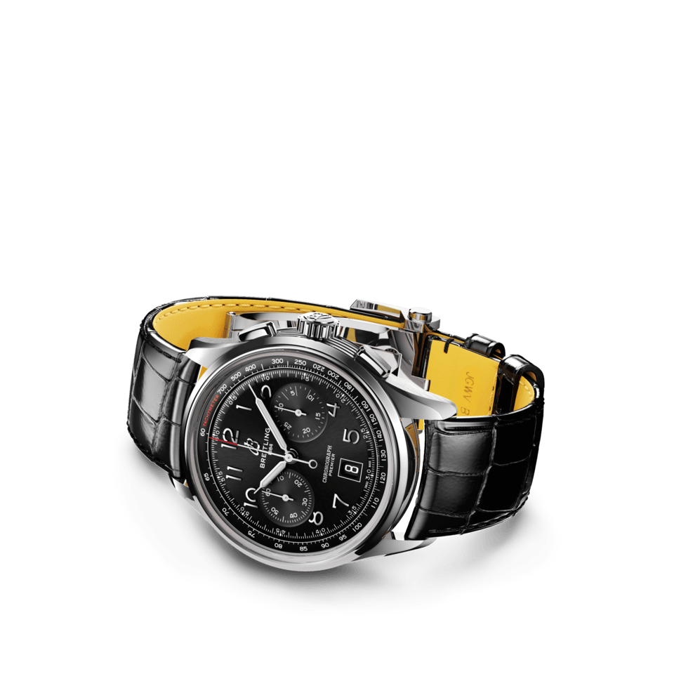 Watch Breitling Premier B01 Chronograph 42 Black Dial Stainless Steel Alligator Strap Hardy Brothers Jewellers