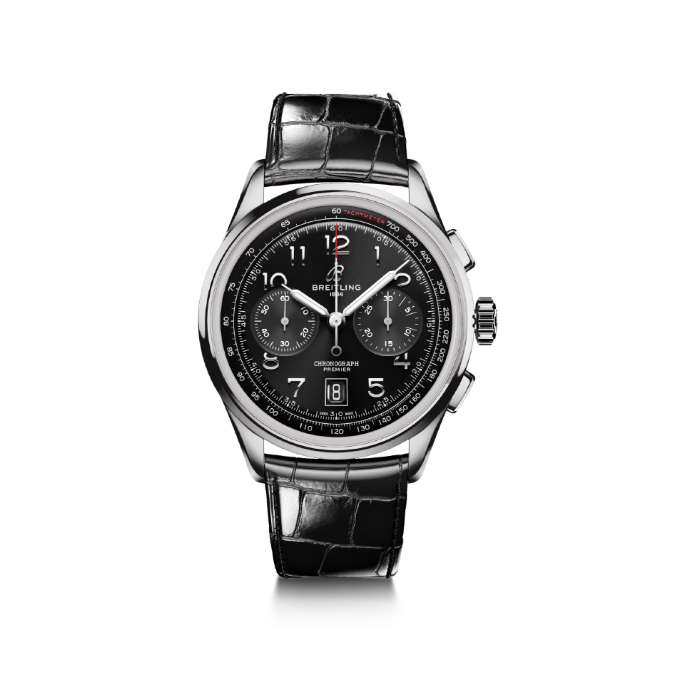 Watch Breitling Premier B01 Chronograph 42 Black Dial Stainless Steel Alligator Strap Hardy Brothers Jewellers