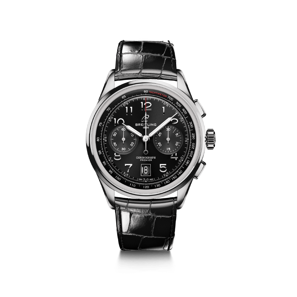 Watch Breitling Premier B01 Chronograph 42 Black Dial Stainless Steel Alligator Strap Hardy Brothers Jewellers