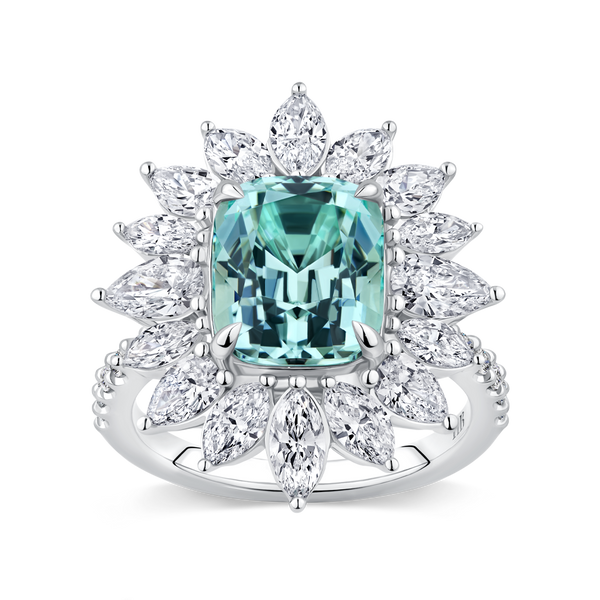 Cushion Cut Neon Blue Tourmaline and Diamond Halo Ring in 18ct White Gold Hardy Brothers Jewellers