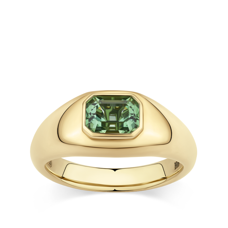 Emerald Cut Green Tourmaline Dome Ring made in 18ct Yellow Gold Hardy Brothers Jewellers