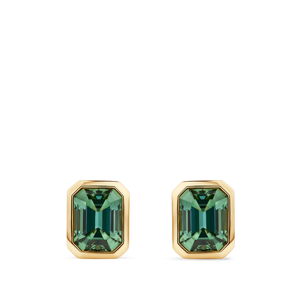 Emerald Cut Green Tourmaline Stud Earrings made in 18ct Yellow Gold with a Bezel Setting Hardy Brothers Jewellers