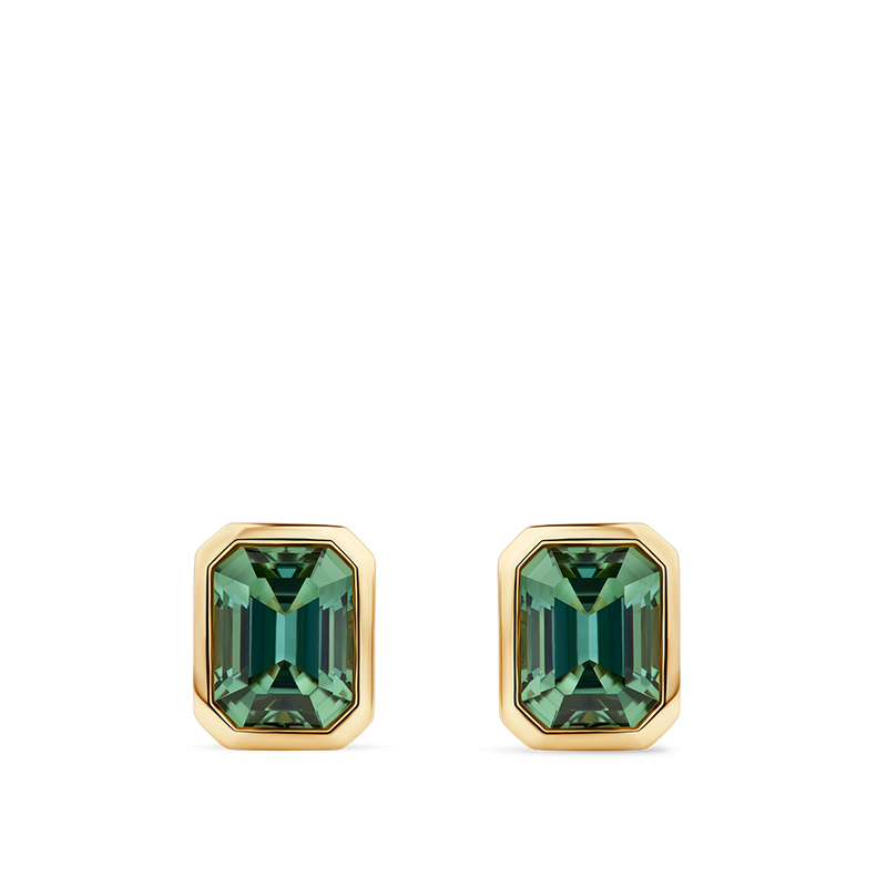 Emerald Cut Green Tourmaline Stud Earrings made in 18ct Yellow Gold with a Bezel Setting Hardy Brothers Jewellers