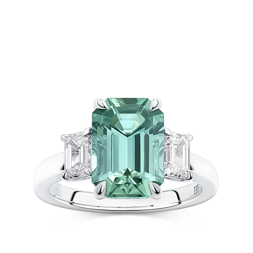Emerald Cut Mint Tourmaline and Diamond Ring in 18ct White Gold