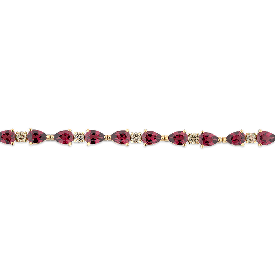 Fancy Cut Champagne Diamond and Rhodalite Garnet Tennis Bracelet in 18ct Yellow Gold Hardy Brothers Jewellers