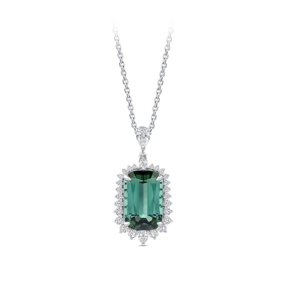 Halo Green Tourmaline and Diamond Pendant made in 18ct White Gold