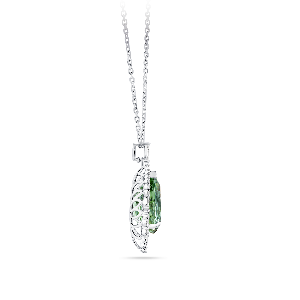 Halo Pear Cut Mint Tourmaline and Diamond Pendant made in 18ct White Gold Hardy Brothers Jewellers