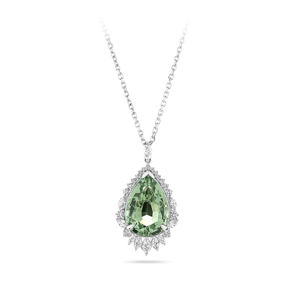 Halo Pear Cut Mint Tourmaline and Diamond Pendant made in 18ct White Gold Hardy Brothers Jewellers