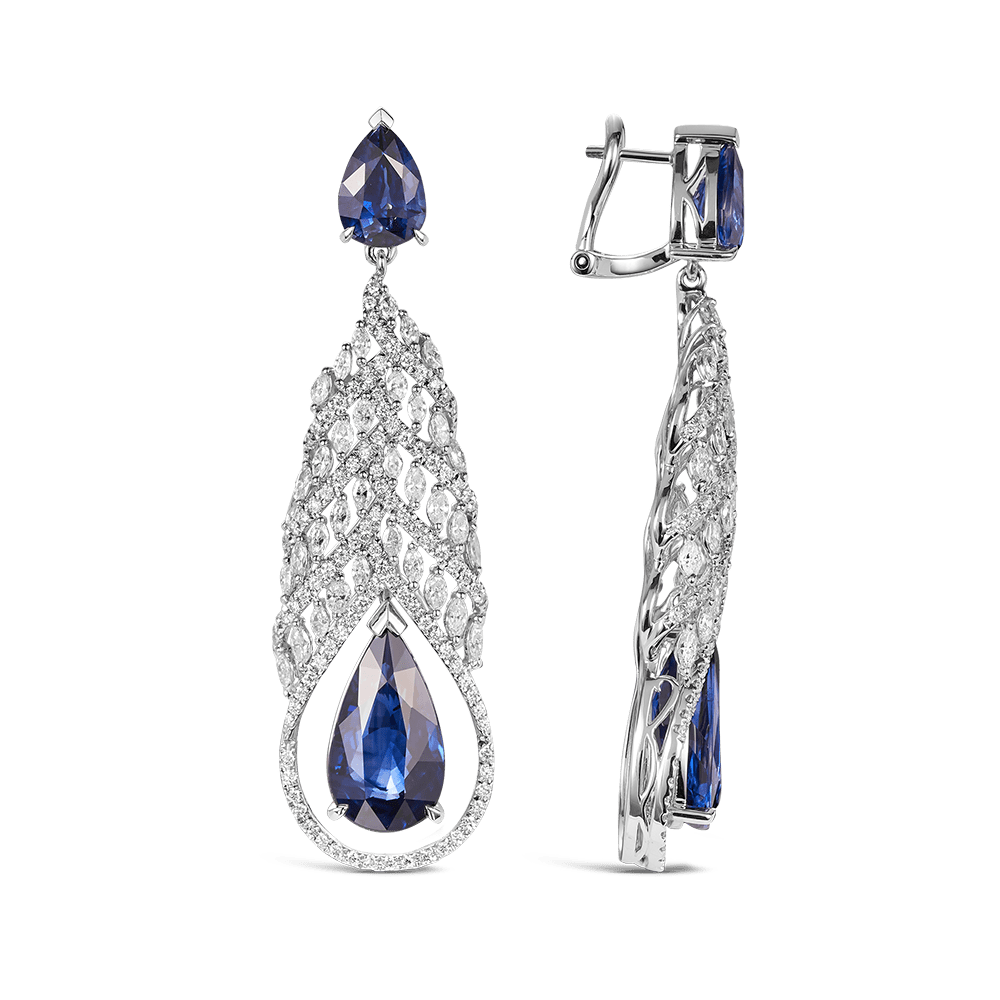 Vault 12.76 Carat Peacock Ceylon Sapphire Earrings in White Gold Hardy Brothers