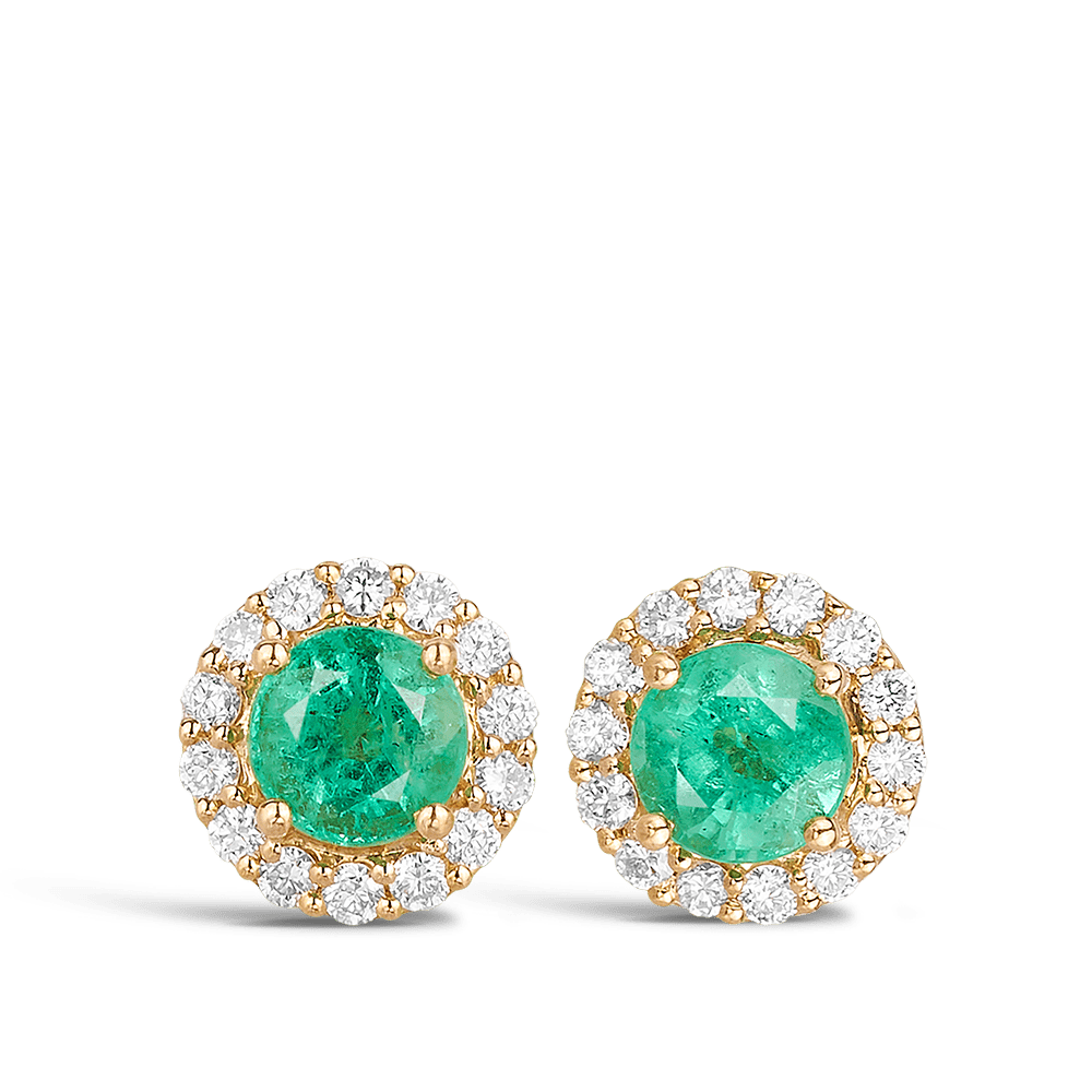 Yellow Gold Emerald and Diamond Halo Earrings Hardy Brothers