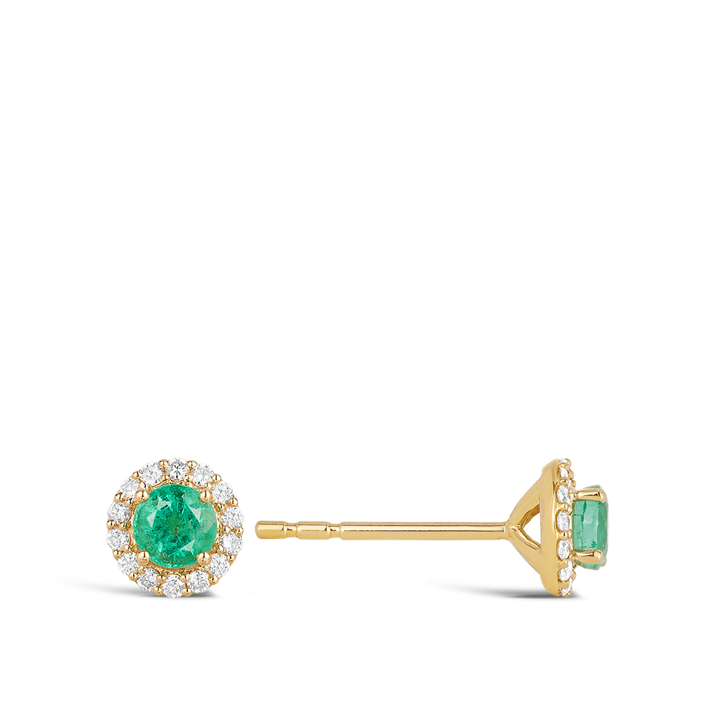 Yellow Gold Emerald and Diamond Halo Earrings