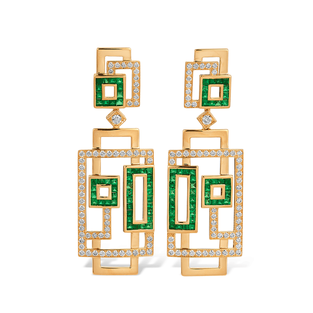 Kalon Emerald and Diamond Earrings in 18ct Yellow Gold