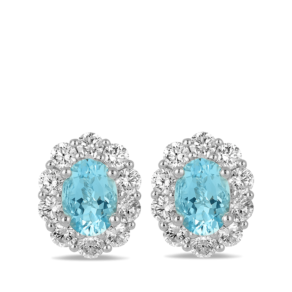 Oval Aquamarine and Diamond Halo Stud Earrings in 18ct White Gold