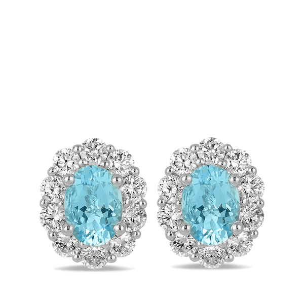 Oval Aquamarine and Diamond Halo Studs Hardy Brothers Jewellers