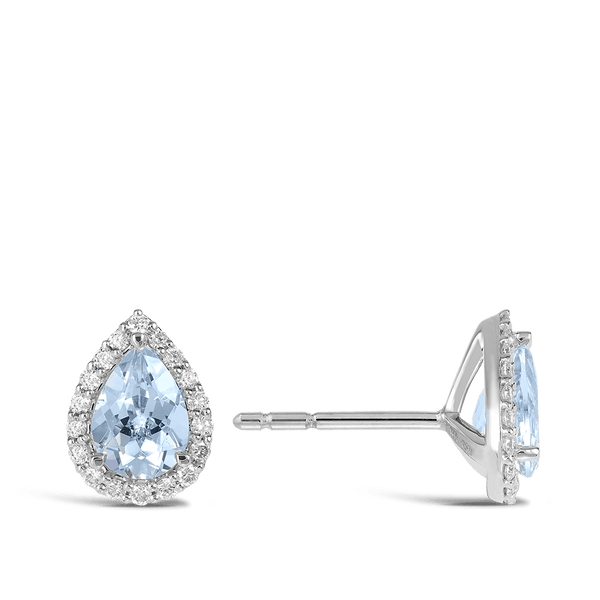 Pear Cut Aquamarine and Diamond Halo Studs Hardy Brothers Jewellers
