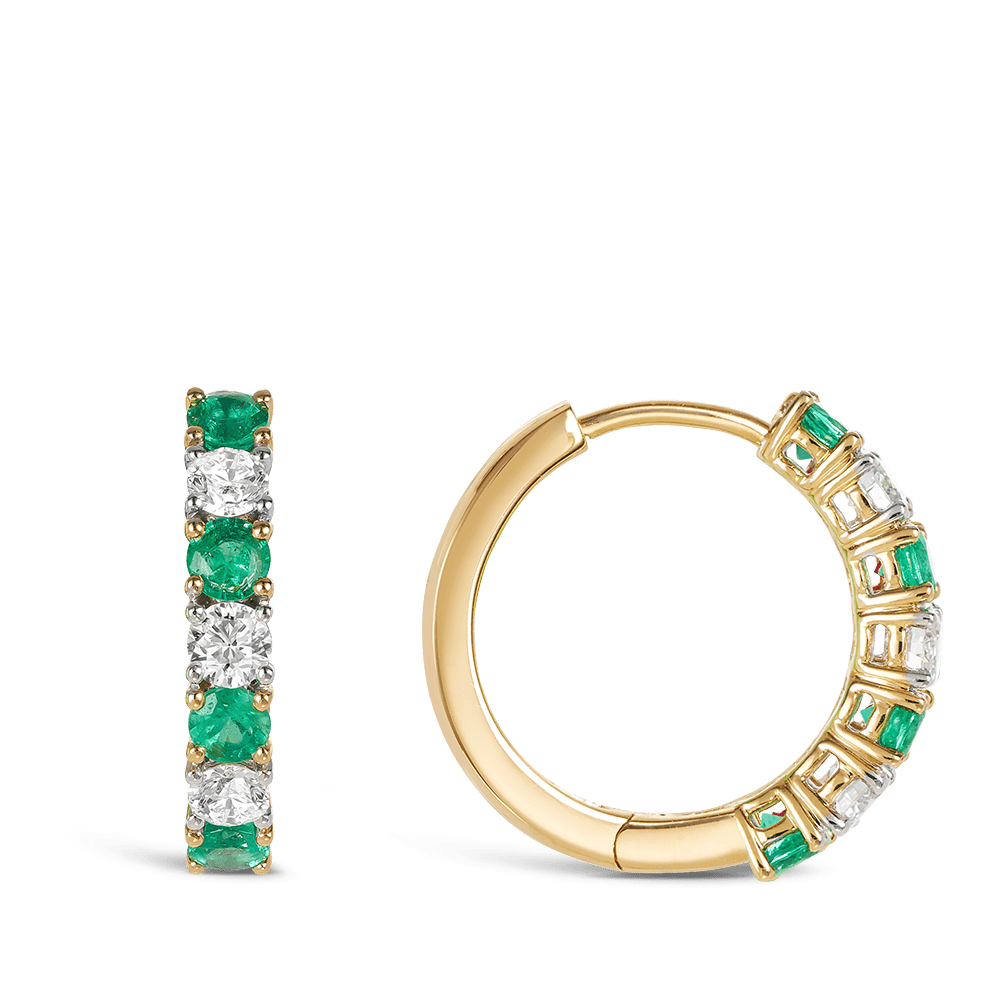 Diamond and Emerald Huggie Earrings in 18ct Yellow Gold