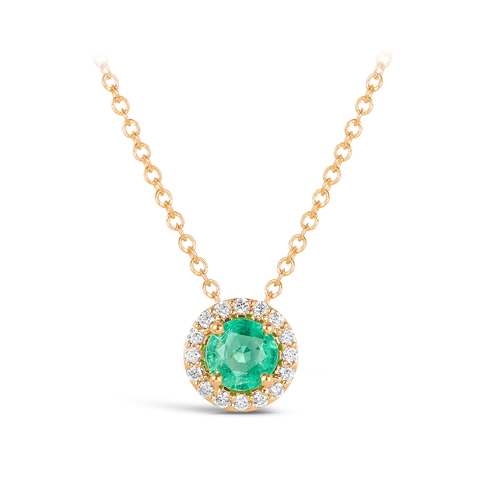 Halo Emerald and Diamond Pendant in 18ct Yellow Gold