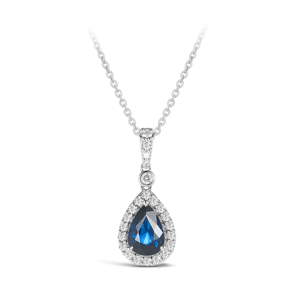 Pear Halo Sapphire and Diamond Pendant in 18ct White Gold Hardy Brothers 