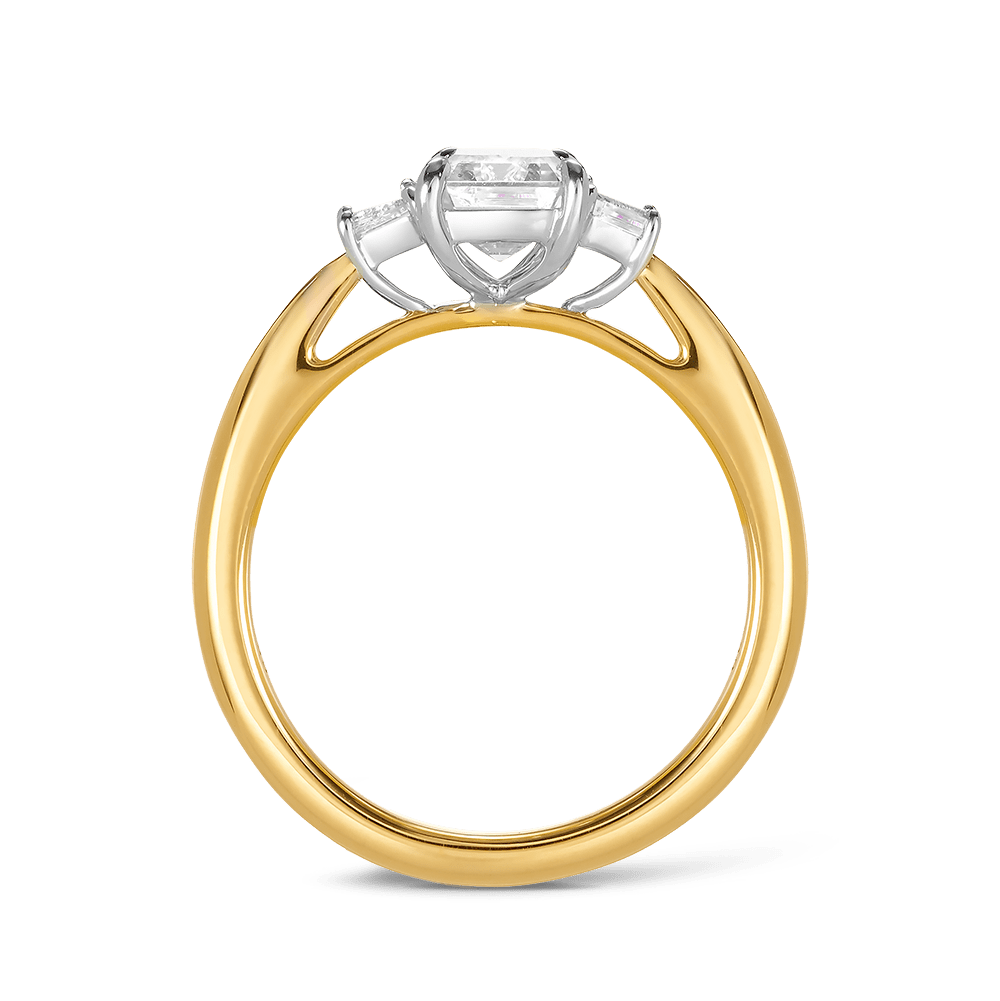 1.50 Carat Emerald Cut and Trapezoid Diamond Trilogy Engagement Ring in 18ct Yellow Gold Hardy Brothers